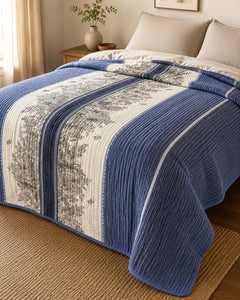Side-angle view of blue ivory panel Smartchoice AC comforter