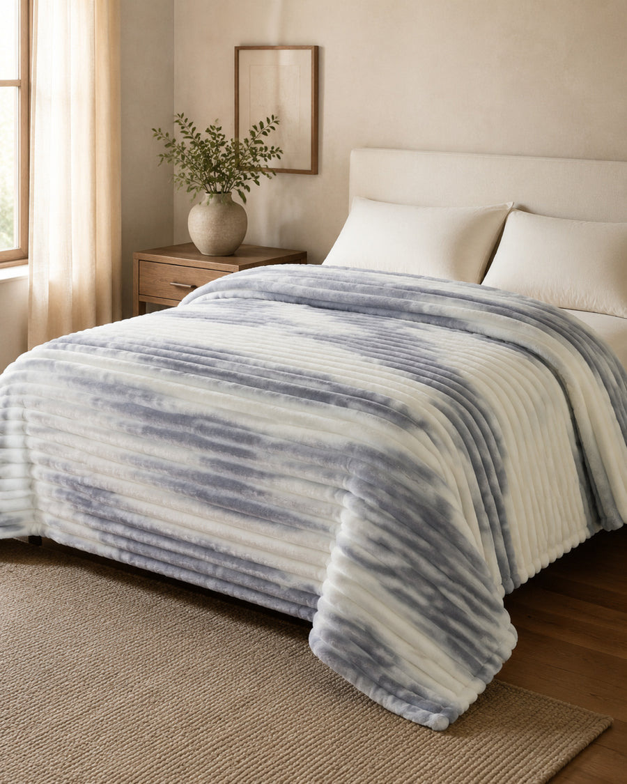 Cloud grey stripe Smartchoice AC comforter styled on a bed