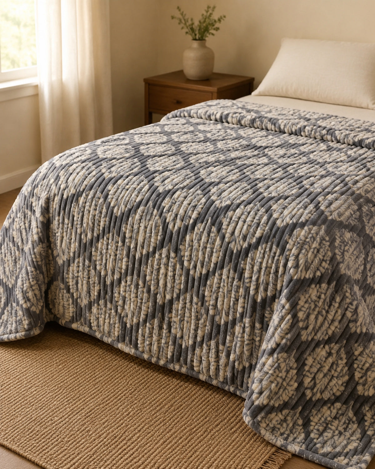 Grey Ivory Leaf Lattice Smartchoice AC Comforter side-angle lifestyle view
