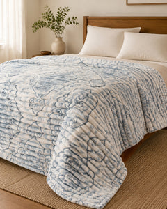 Side-angle view of ivory blue heartline Smartchoice AC comforter