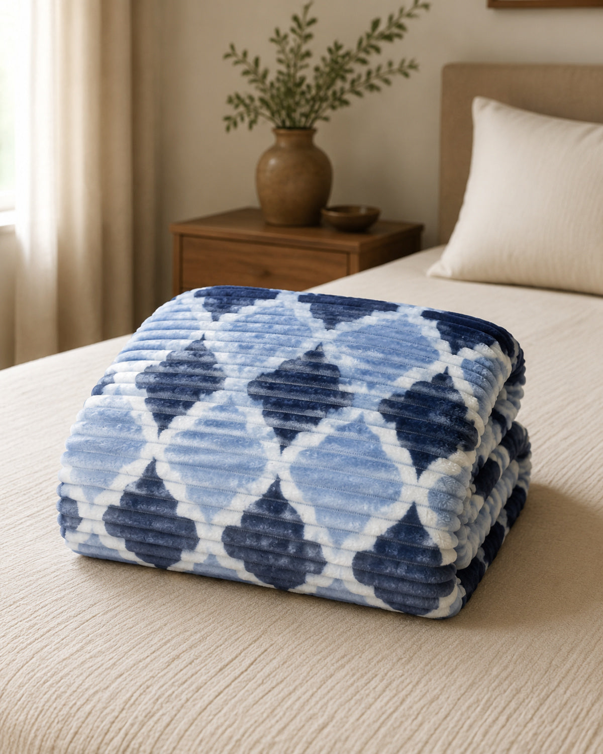 Folded powder blue navy trellis Smartchoice AC comforter