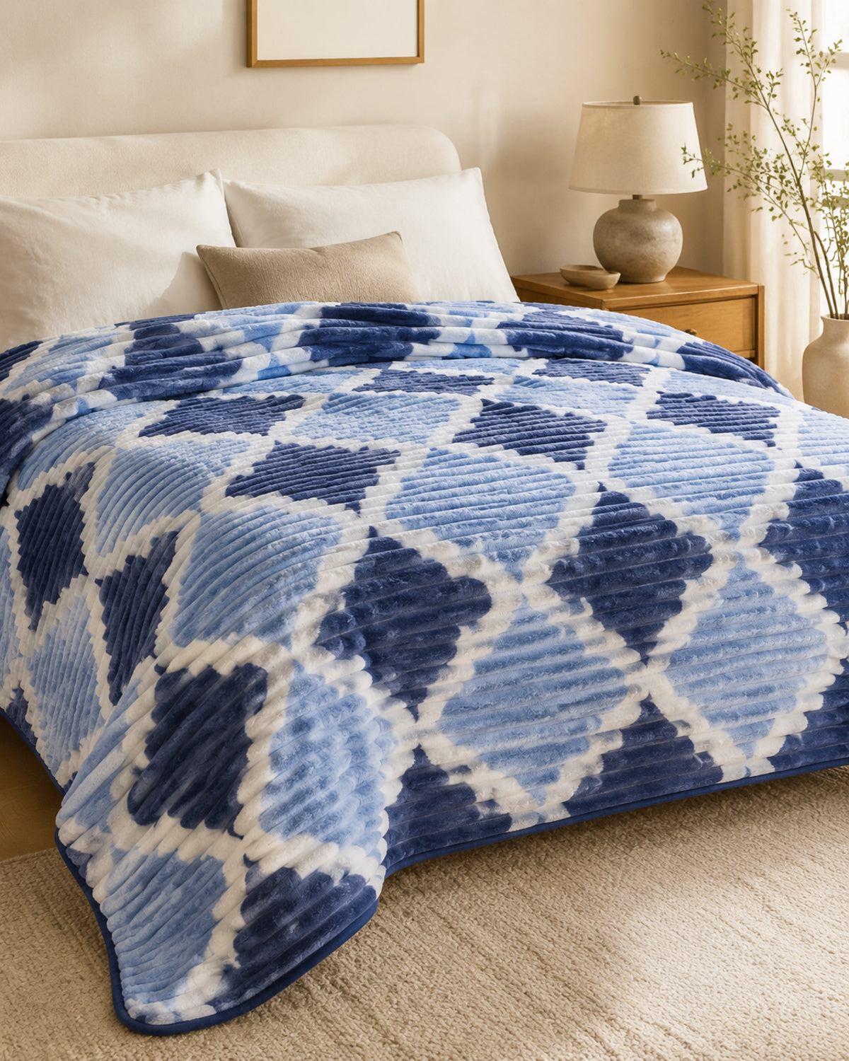 Powder blue navy trellis Smartchoice AC comforter styled on a bed
