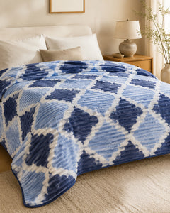 Powder blue navy trellis Smartchoice AC comforter styled on a bed