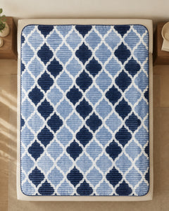 Overhead view of powder blue navy trellis Smartchoice AC comforter