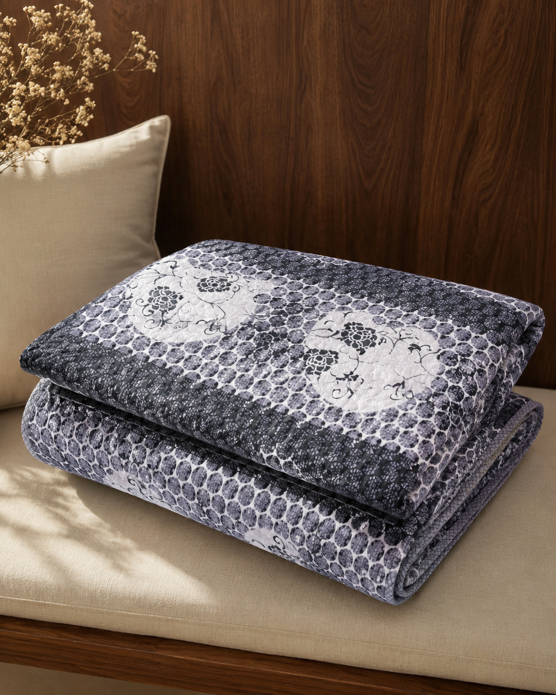 Charcoal Medallion Band Sunshine AC Comforter – 1 Piece – folded product view