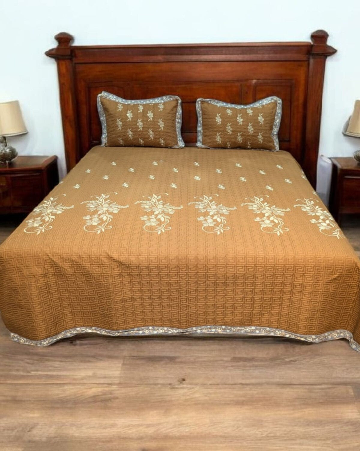 Amber Bloom Embroidered Cotton Bedspread Set – 3 Piece – room view