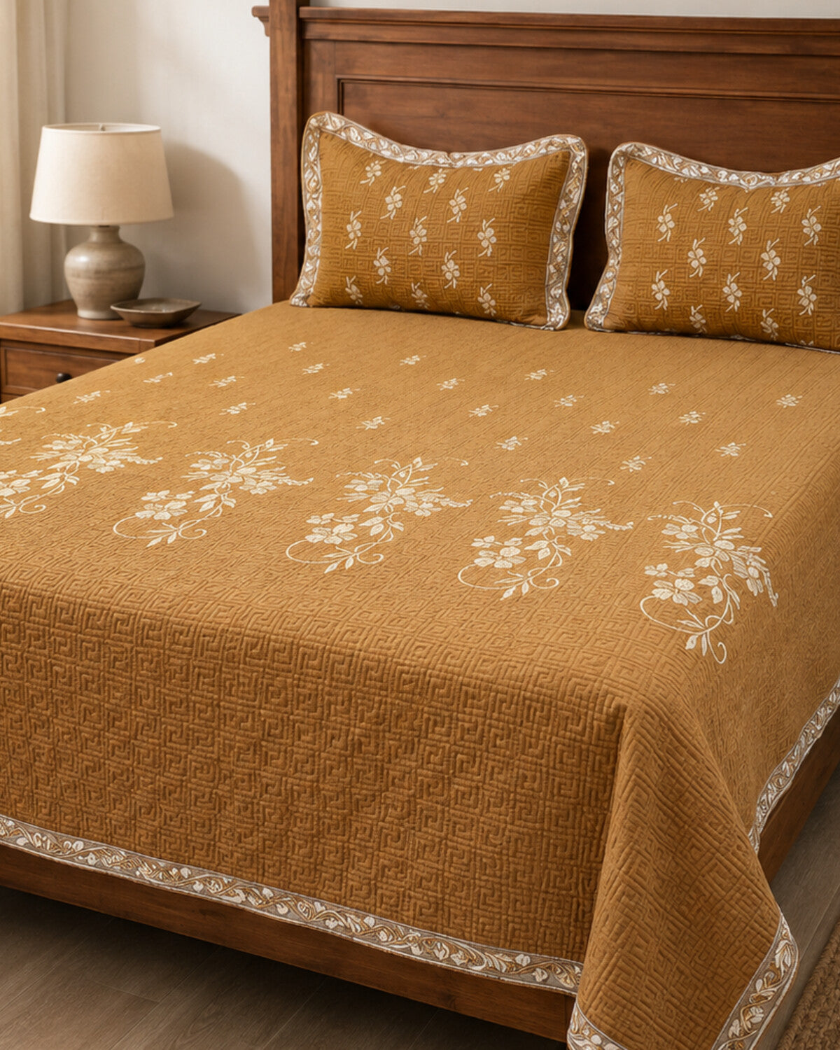 Amber Bloom Embroidered Cotton Bedspread Set – 3 Piece – pattern detail