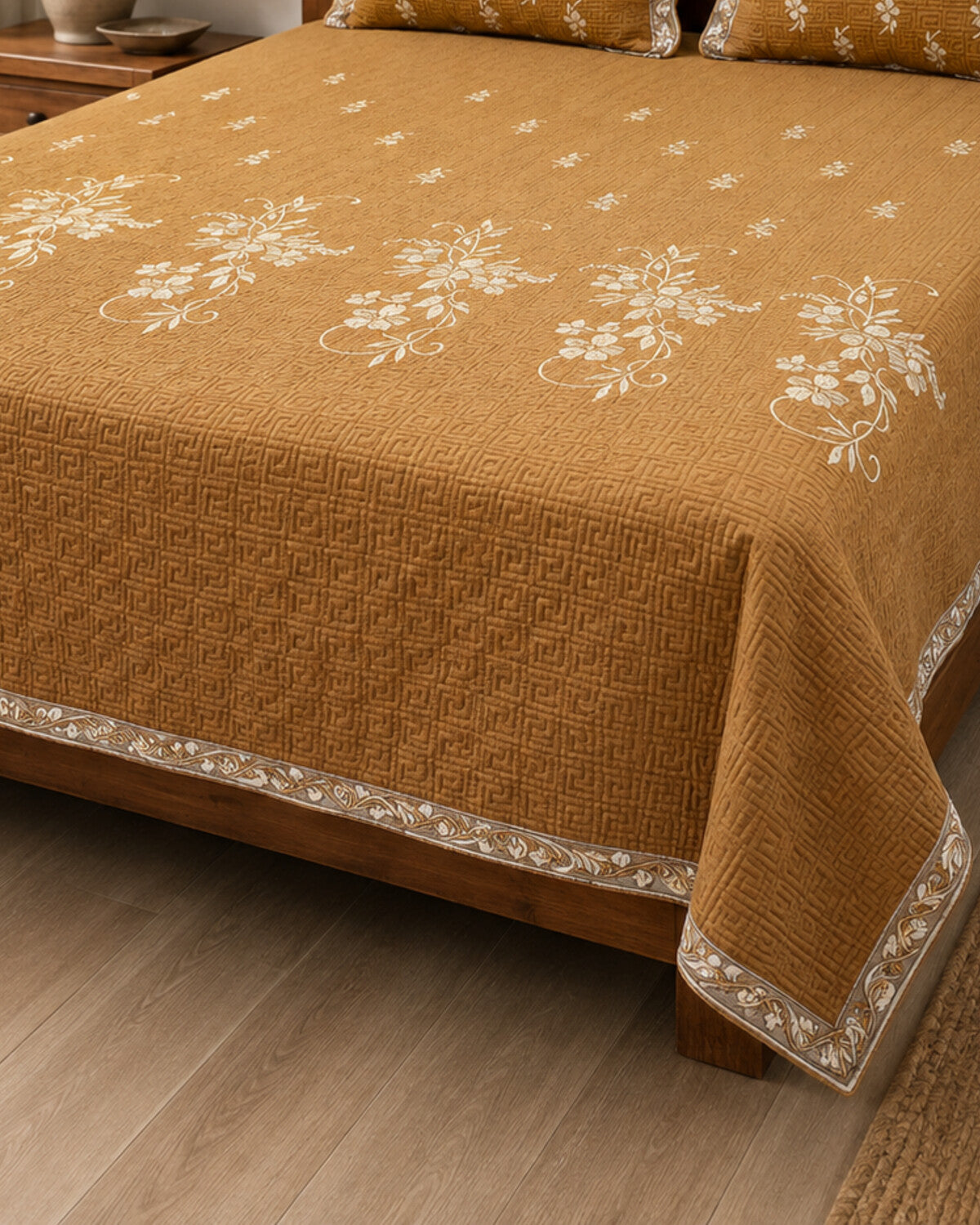 Amber Bloom Embroidered Cotton Bedspread Set – 3 Piece – border and fabric detail