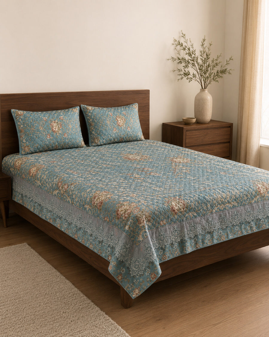 Aqua Garden Printed Silk Bedspread Set – 3 Piece – hero view