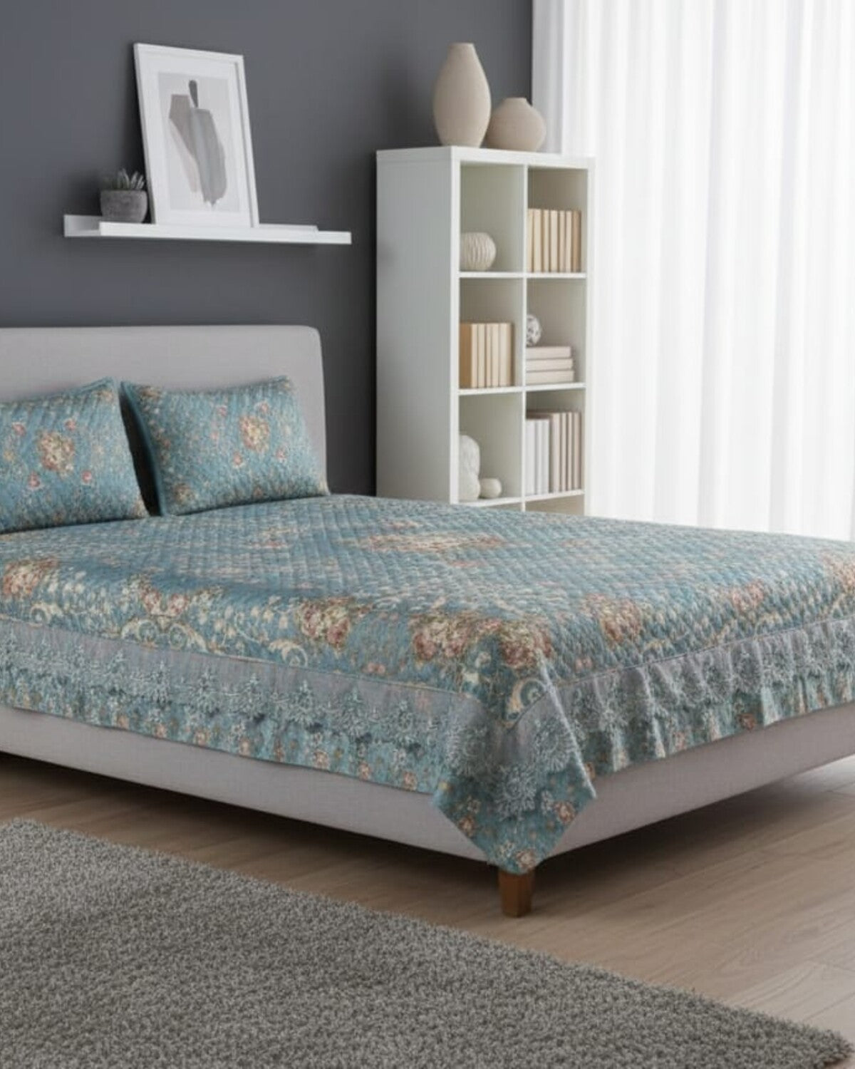 Aqua Garden Printed Silk Bedspread Set – 3 Piece – room view