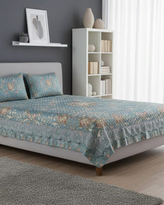 Aqua Garden Printed Silk Bedspread Set – 3 Piece – room view