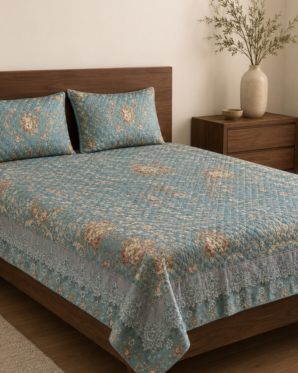 Aqua Garden Printed Silk Bedspread Set – 3 Piece – pattern detail