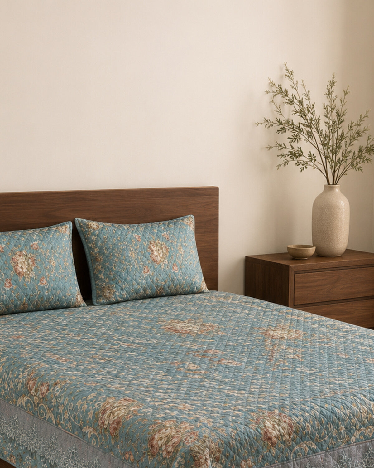 Aqua Garden Printed Silk Bedspread Set – 3 Piece – pillow detail
