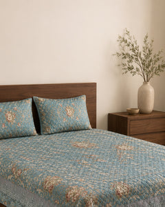 Aqua Garden Printed Silk Bedspread Set – 3 Piece – pillow detail