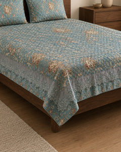 Aqua Garden Printed Silk Bedspread Set – 3 Piece – border and fabric detail
