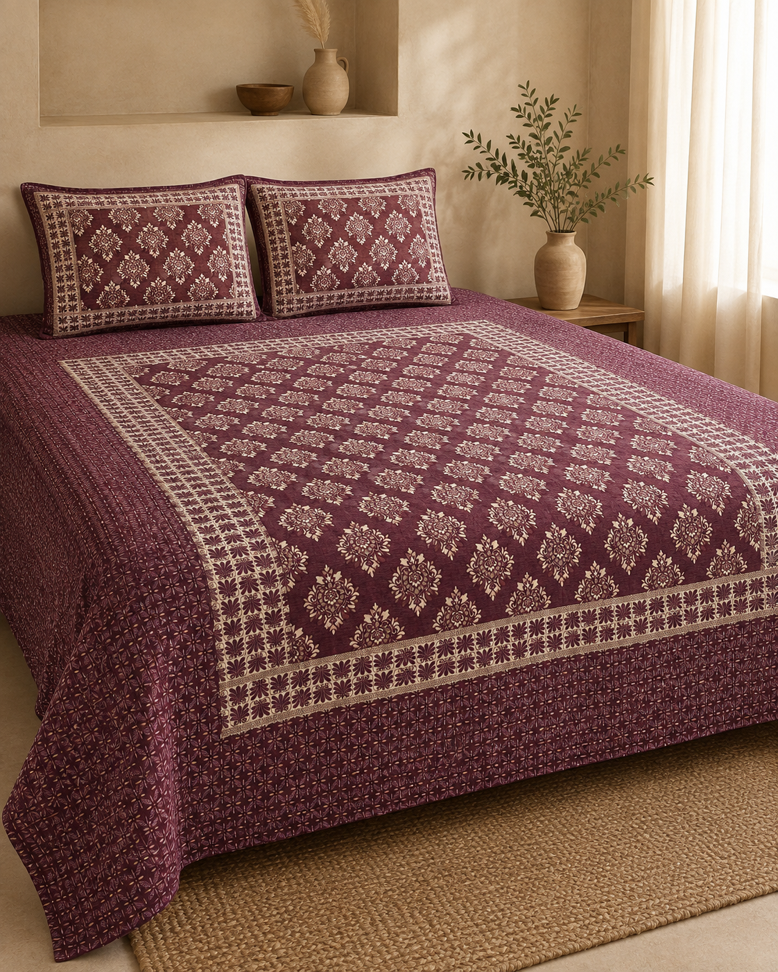 Berry Diamond Lattice Velvet Jacquard Bedsheet Set – 4 Piece