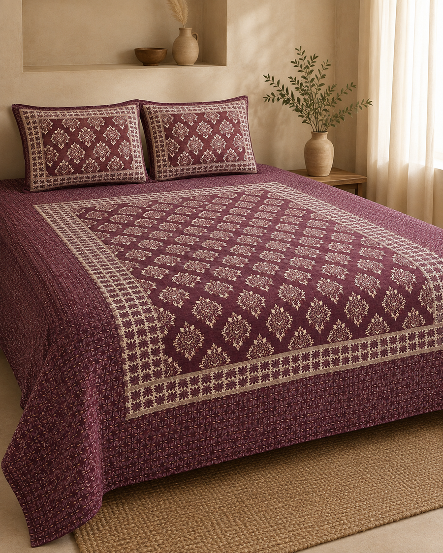 Berry Diamond Lattice Velvet Jacquard Bedsheet Set – 4 Piece