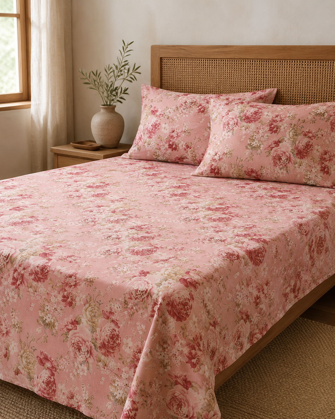 Blush Heritage Rose Cotton Bedsheet Set with two pillow covers