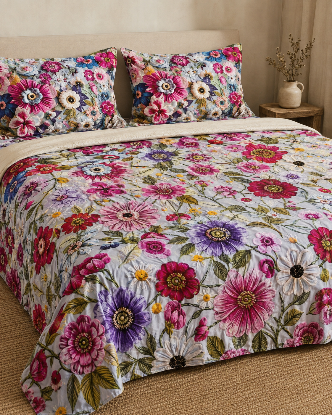 Blush Meadow Mosaic 3D digital print king bedsheet set with two pillow covers