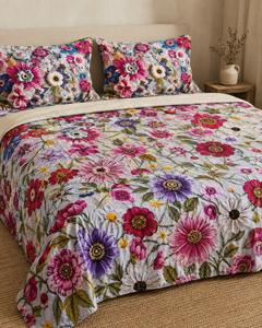 Blush Meadow Mosaic 3D digital print king bedsheet set with two pillow covers