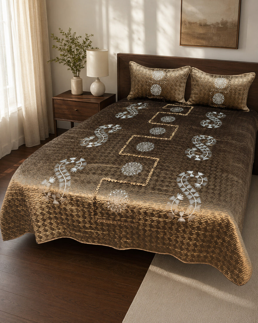 Bronze Medallion Embroidered Velvet Bedspread Set – 3 Piece – hero view