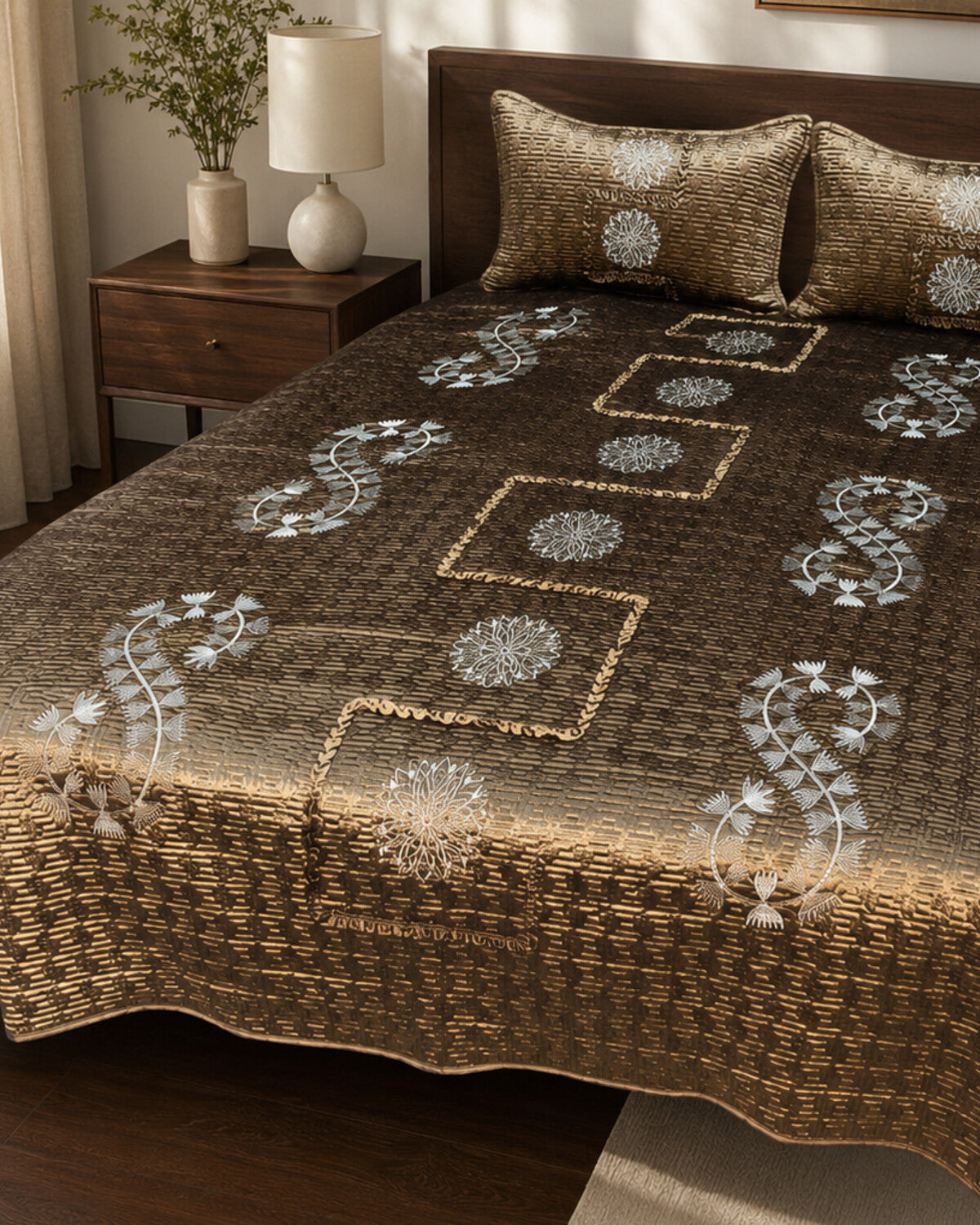 Bronze Medallion Embroidered Velvet Bedspread Set – 3 Piece – pattern detail