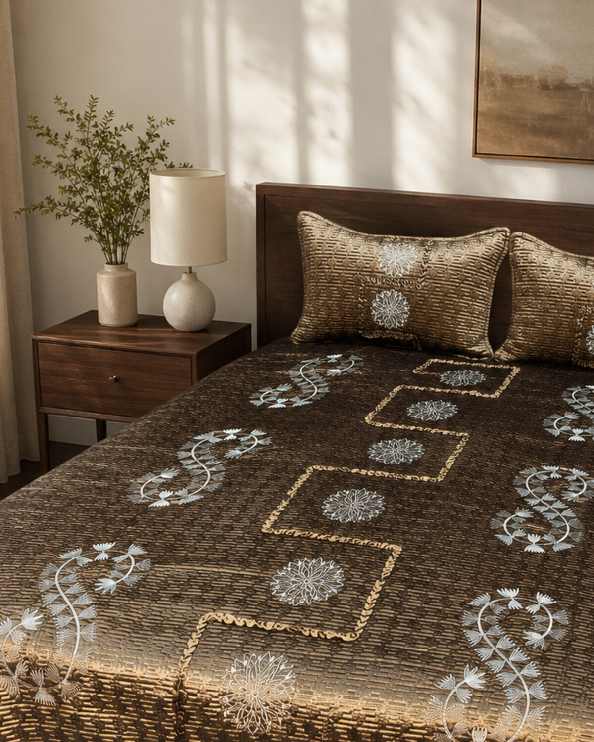 Bronze Medallion Embroidered Velvet Bedspread Set – 3 Piece – pillow detail