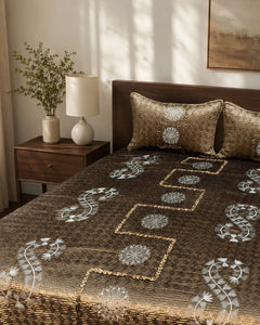 Bronze Medallion Embroidered Velvet Bedspread Set – 3 Piece – pillow detail