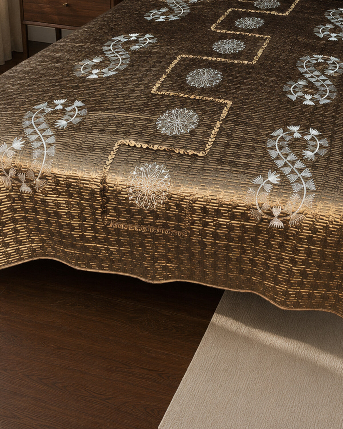 Bronze Medallion Embroidered Velvet Bedspread Set – 3 Piece – border and fabric detail