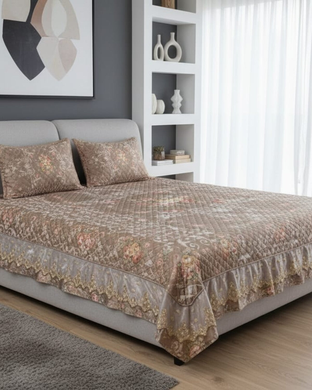 Champagne Garden Printed Silk Bedspread Set – 3 Piece – room view
