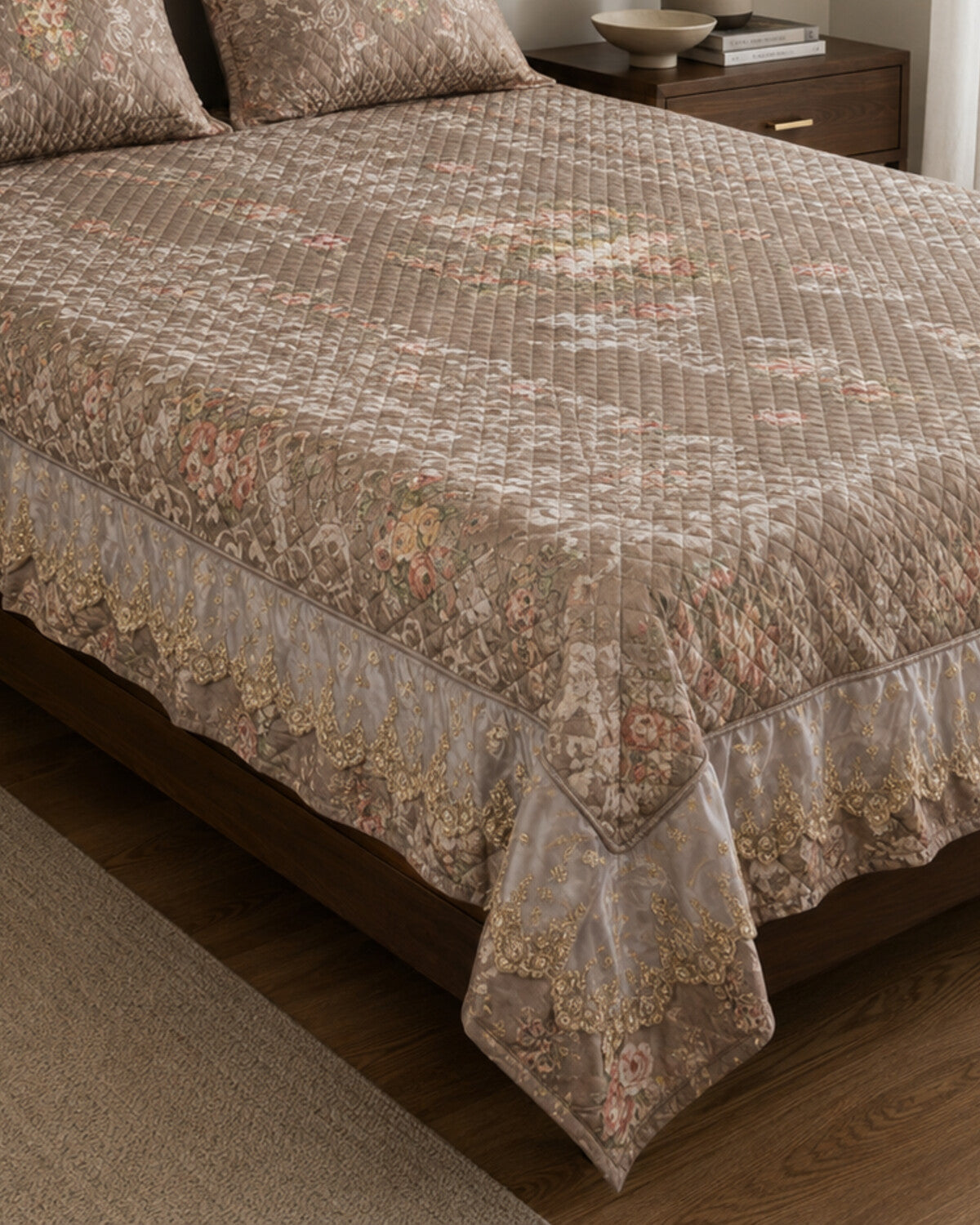 Champagne Garden Printed Silk Bedspread Set – 3 Piece – border and fabric detail