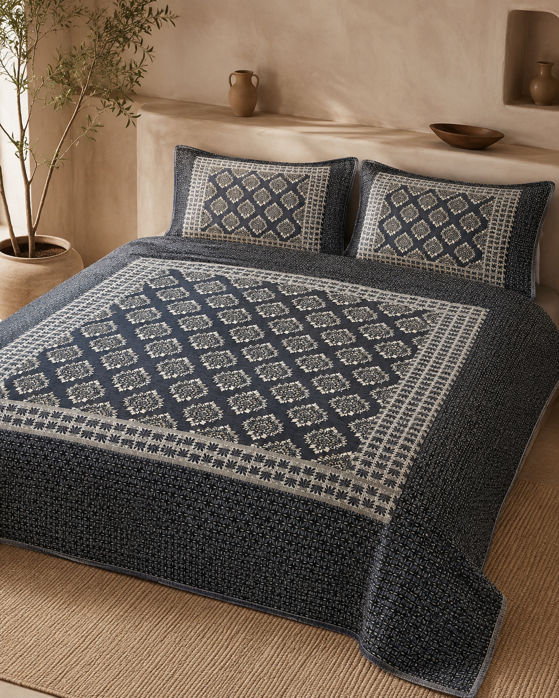 Charcoal Diamond Lattice Velvet Jacquard Bedsheet Set – 4 Piece