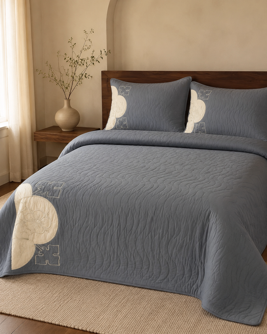 Cool Grey Clover China Cotton Bedspread Set – 3 Piece – lifestyle hero