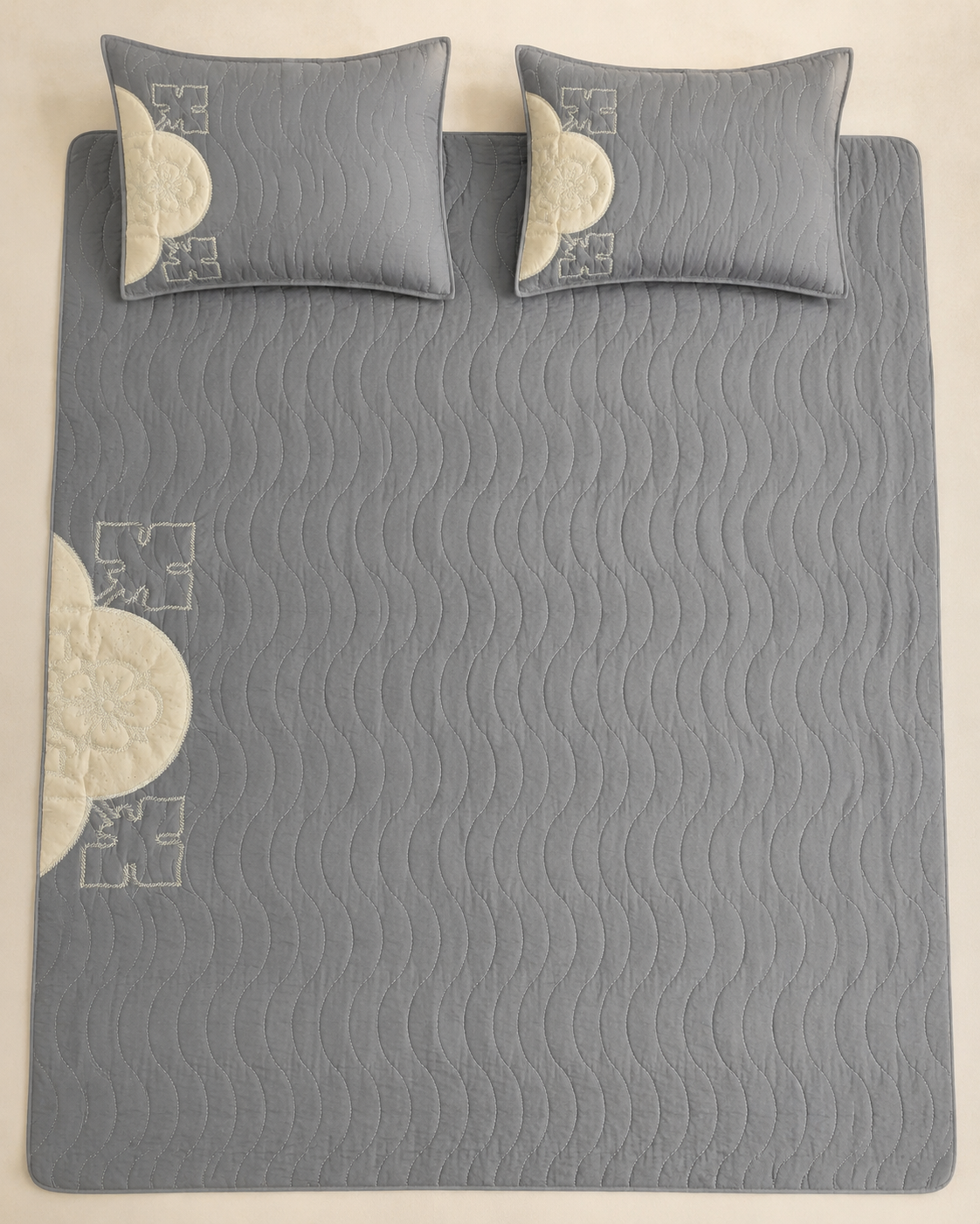 Cool Grey Clover China Cotton Bedspread Set – 3 Piece – overhead view