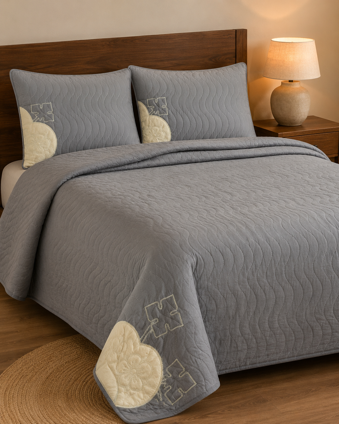Cool Grey Clover China Cotton Bedspread Set – 3 Piece – side-angle lifestyle