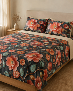 Coral Ember Botanical 3D digital print king bedsheet set with two pillow covers