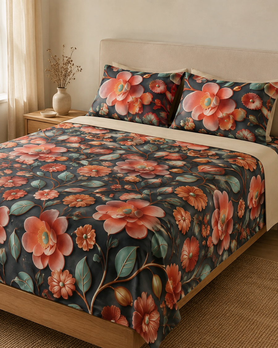 Coral Ember Botanical 3D digital print king bedsheet set with two pillow covers