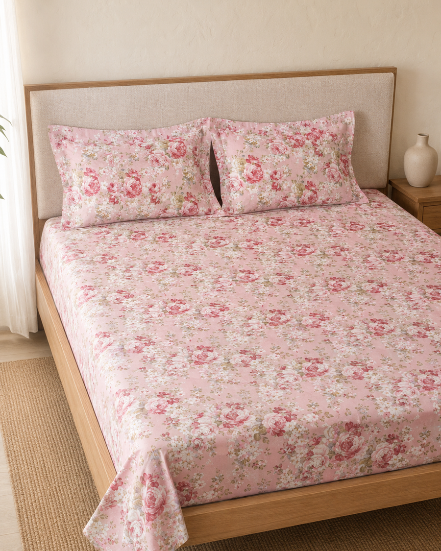 Blush Garden pink floral cotton bedsheet set styled on a king bed