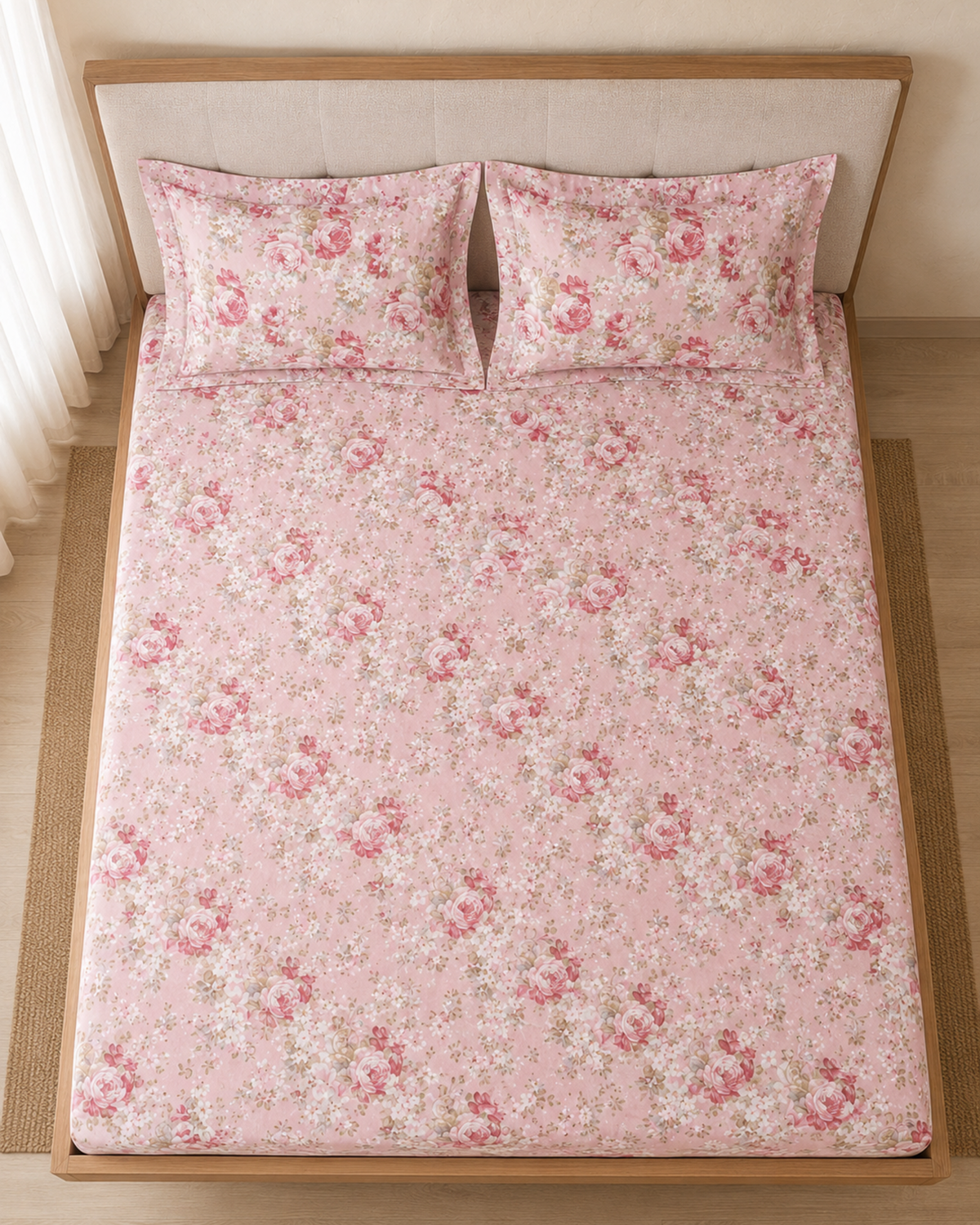 Overhead view of Blush Garden 3-piece cotton bedsheet set