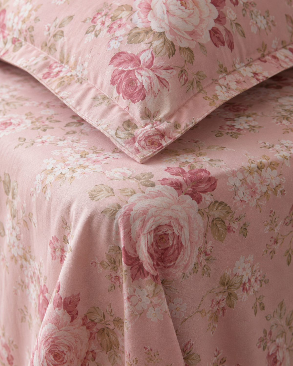 Close-up of Blush Garden floral cotton weave and pillow flange