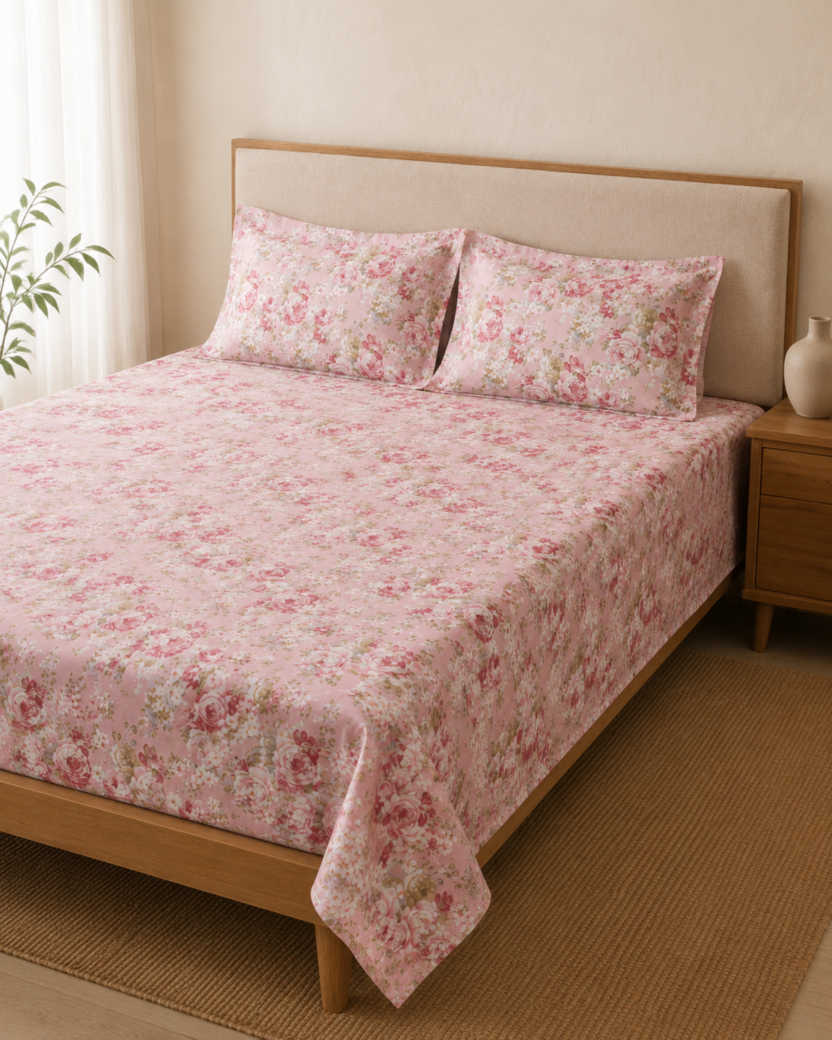 Blush Garden pink floral cotton bedsheet set in a warm neutral bedroom