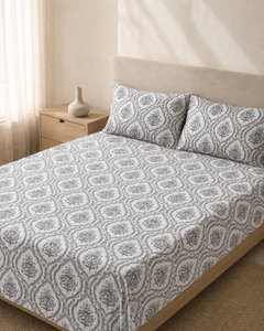 Grey Medallion 3-piece cotton bedsheet set styled on a minimal bed