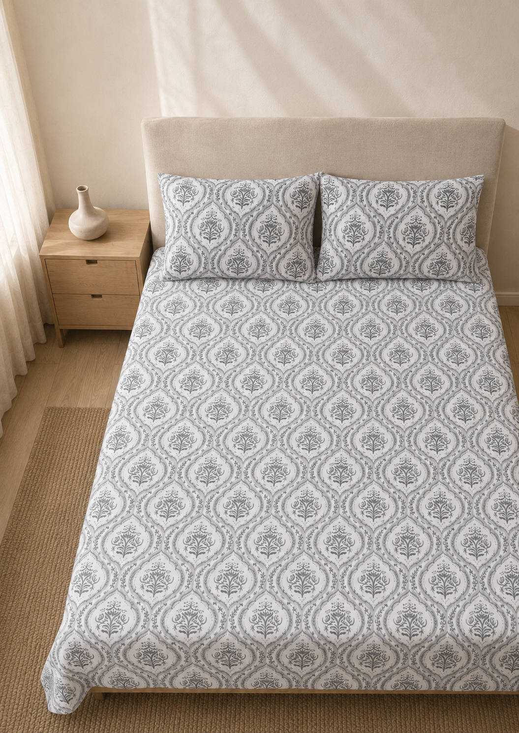 Overhead view of Grey Medallion cotton bedsheet and two pillow covers