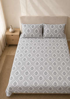 Overhead view of Grey Medallion cotton bedsheet and two pillow covers