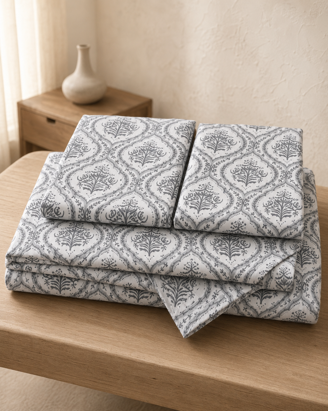 Folded Grey Medallion 3-piece cotton bedsheet set