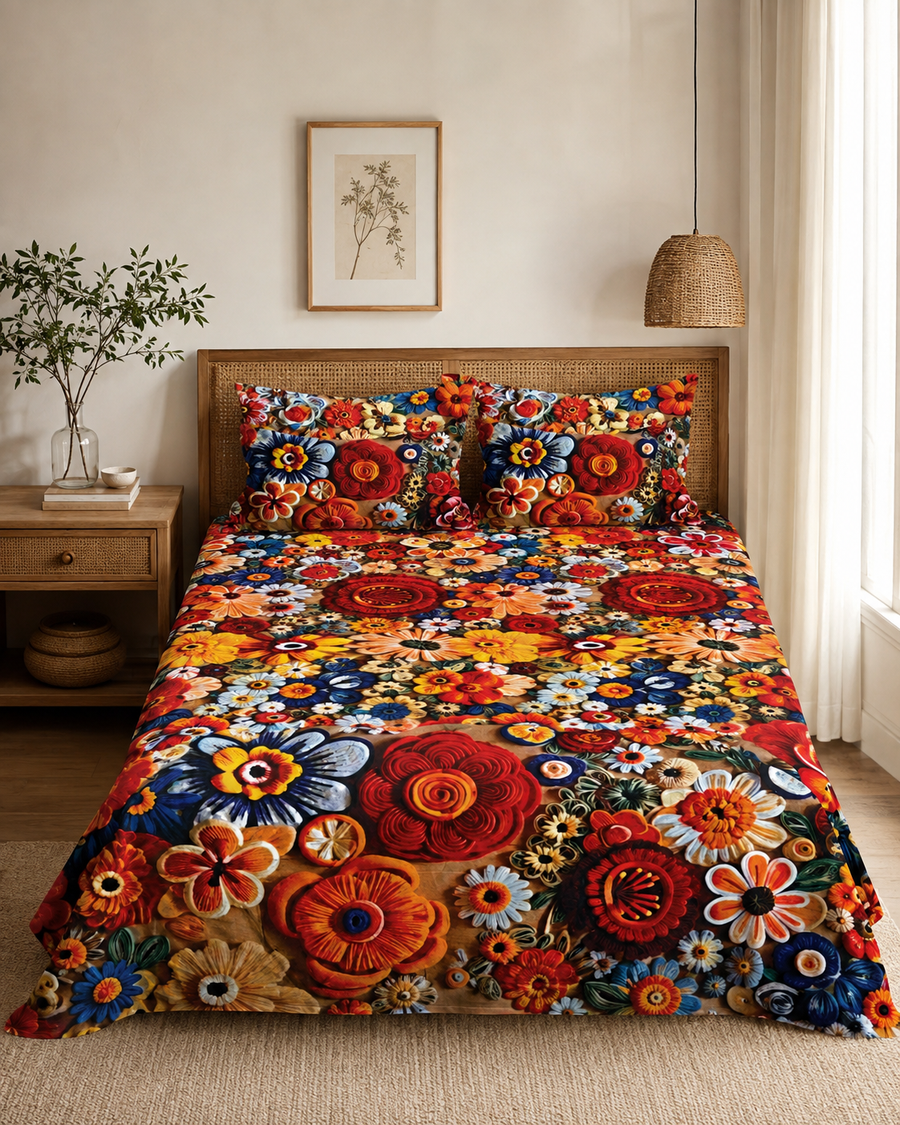 Crimson Carnival Floral 3D Digital Print 3-piece bedsheet set with two matching pillow covers