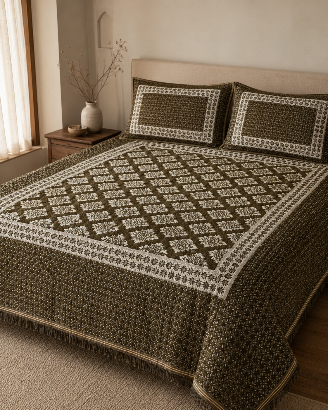Dark Olive Diamond Lattice Velvet Jacquard Bedsheet Set – 4 Piece