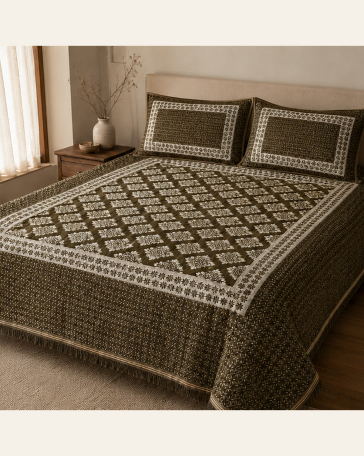 BIN-VJ-DIA-OLIVE bedding lifestyle side view