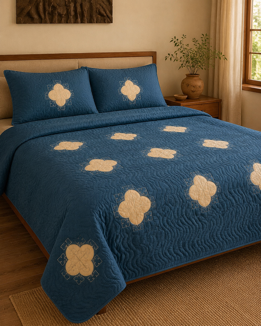 Deep Teal Clover China Cotton Bedspread Set – 3 Piece – lifestyle hero