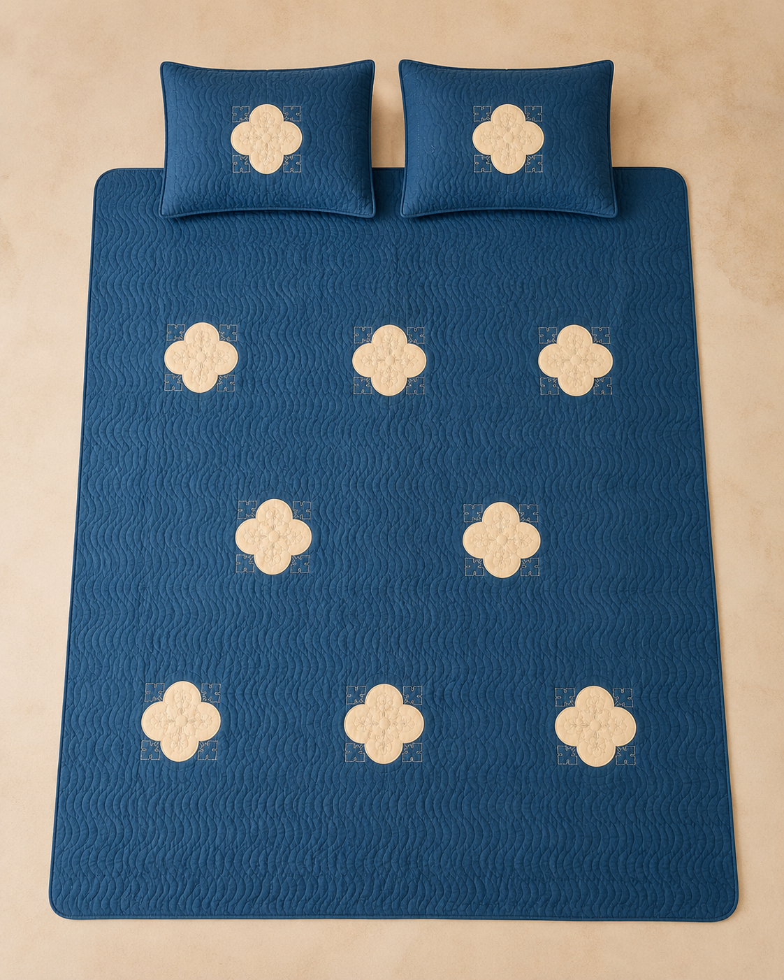 Deep Teal Clover China Cotton Bedspread Set – 3 Piece – overhead view